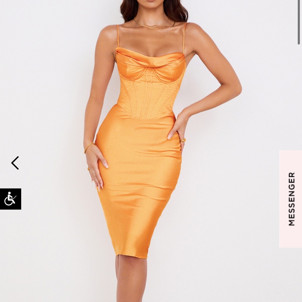 House of CB “Myrna” Tangerine Satin Corset Midi Dress